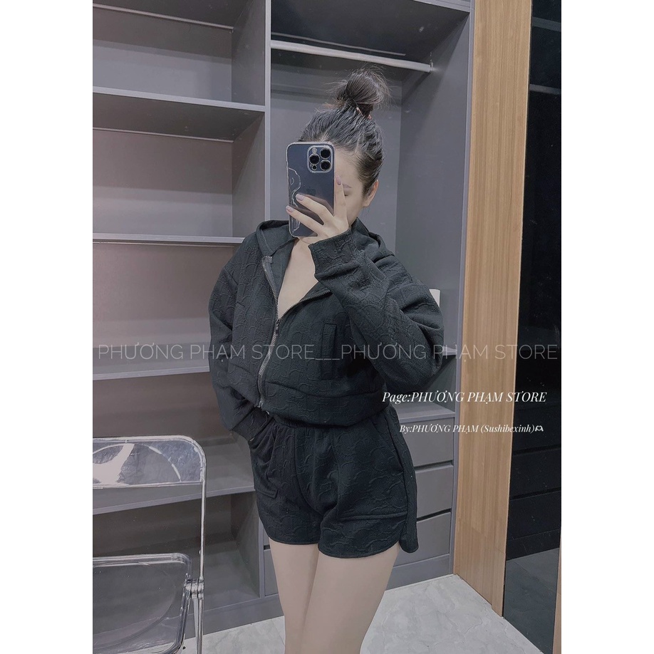 (Sale FreeShip) Đồ bộ đùi nữ,bộ nỉ dạ chữ nổi vải shop,áo tay dài khóa kéo có nón kèm quần có túi,2 màu dễ mặc