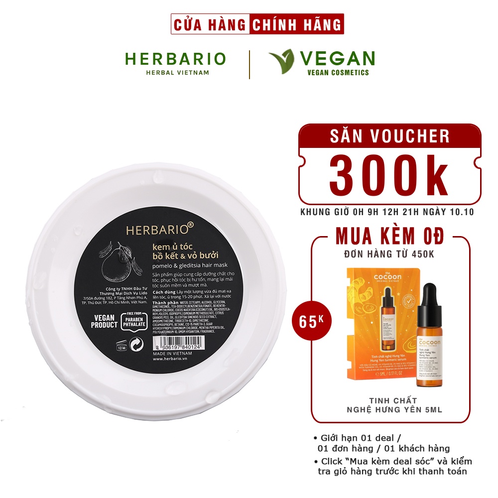 Kem ủ tóc bồ kết & vỏ bưởi herbario 200ml thuần chay
