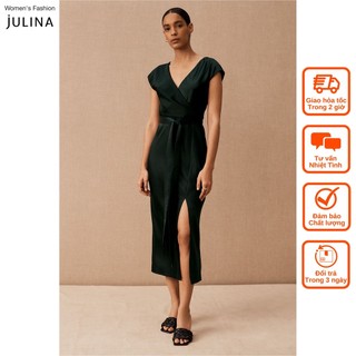 Đầm midi vạt chéo xẻ tà satin màu xanh lá đậm dự tiệc Julina Louisa Emerald Green JF944