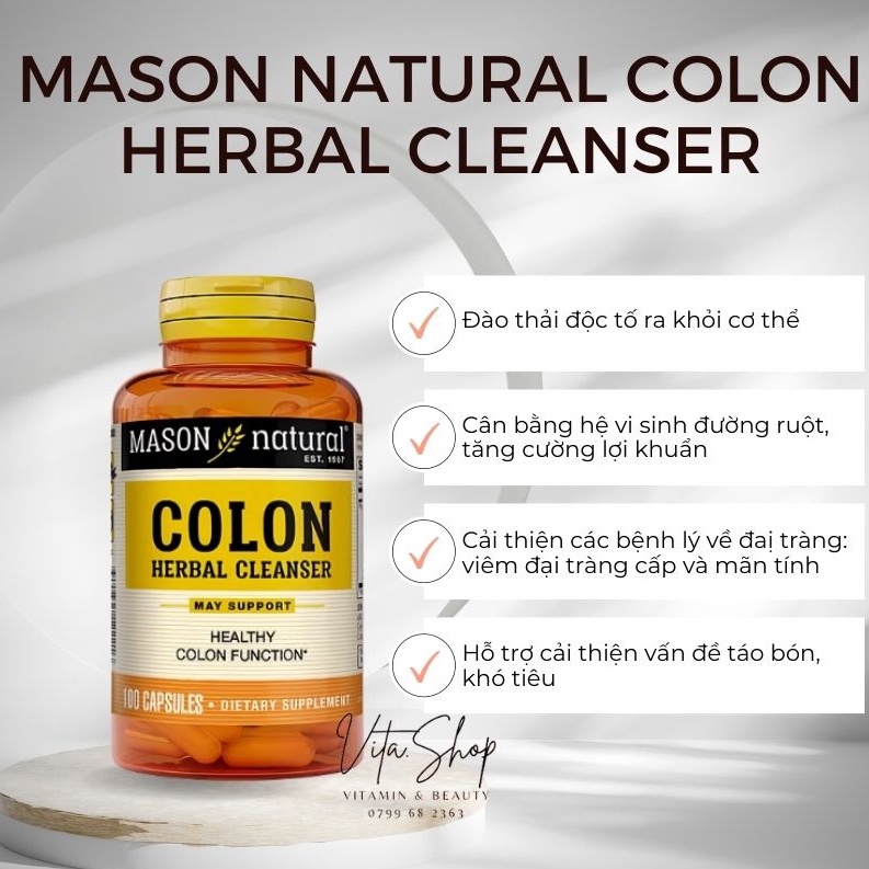 Viên Uống Thải Độc Đại Tràng, Hỗ Trợ Tiêu Hóa Mason Natural Colon Herbal Cleanser 100 viên USA
