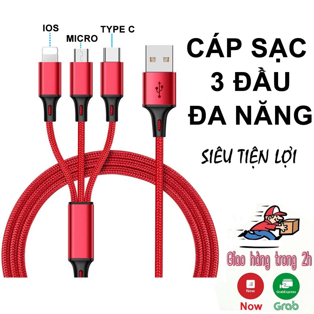 Cáp Sạc 3 đầu-Sạc IP/Type C/-Đa Năng-Chất Liệu Vải Dù Chắc Chắn-Xanh-Đỏ -Vàng Kim-Đen