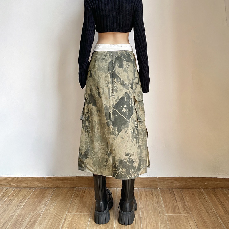 Chân Váy Xẻ Tà Lưng Cao In Chữ Phối Khóa Kéo Phong Cách Retro Đường Phố