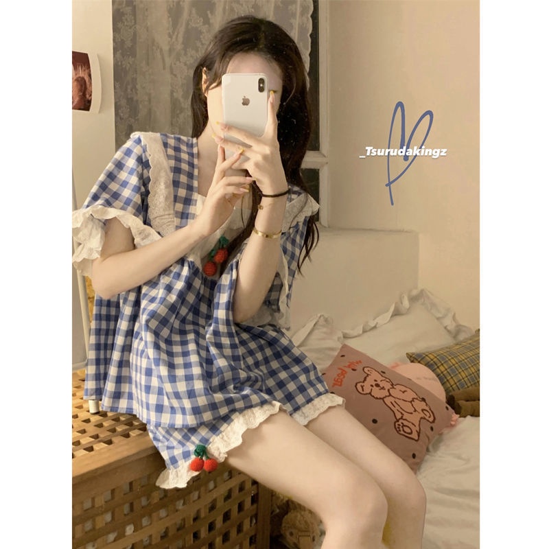 Bộ Đồ Ngủ Tay Ngắn Phối Ren Họa Tiết Cherry Dễ Thương Thời Trang Mùa Hè Cho Nữ