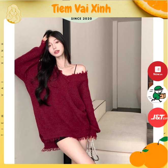 Áo Len Nữ 🍊 Tiệm Vải Xinh 🍊 Áo Len Dáng Rộng Màu Đỏ Giáng Sinh