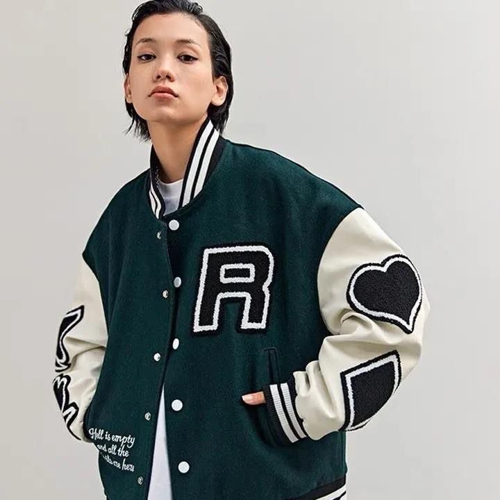 Áo bomber nam nữ màu xanh đặc biệt họa tiết thêu Át cao cấp Áo varcity Miuzi DT138