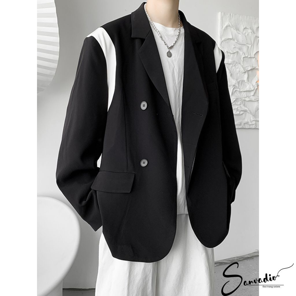 Áo Blazer Nam Dài Tay SANVADIO Áo Khoác Nam Kiểu Blazer Phối Màu 2 Tay Vạt Tròn Phong Cách Hàn Quốc AD011