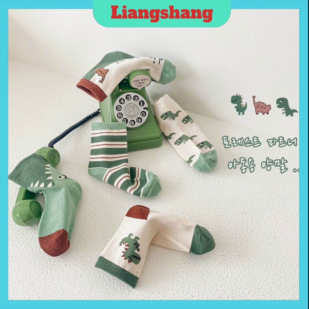 Set 5 đôi tất hình khủng long 🍁FREESHIP🍁Vớ coton cổ cao kẻ sọc ngang màu xanh lá cho bé 1-8 tuổi