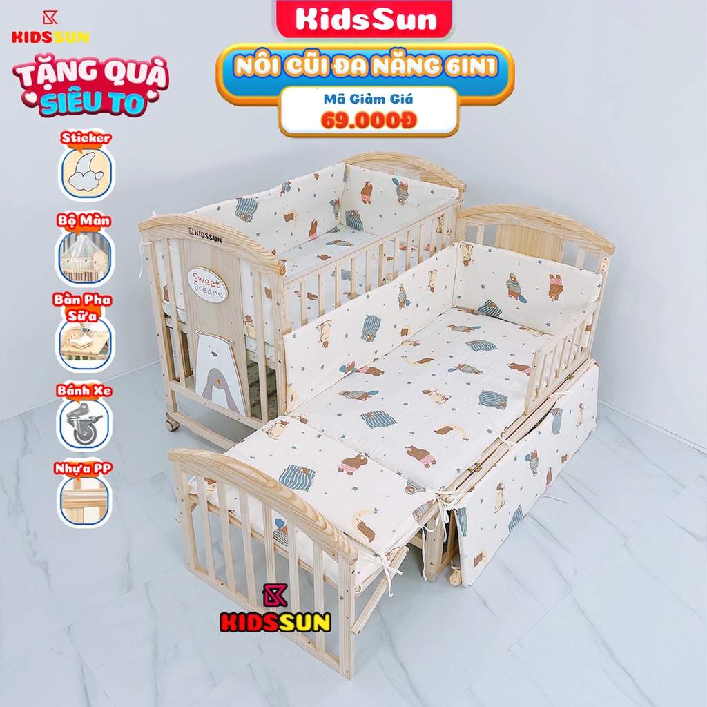 Giường Cũi Đa Năng 6 in 1 cho Bé Kidssun Tặng Bộ Quà 5 Sản Phẩm An Toàn Tiện Lợi Bảo Hành 3 Năm