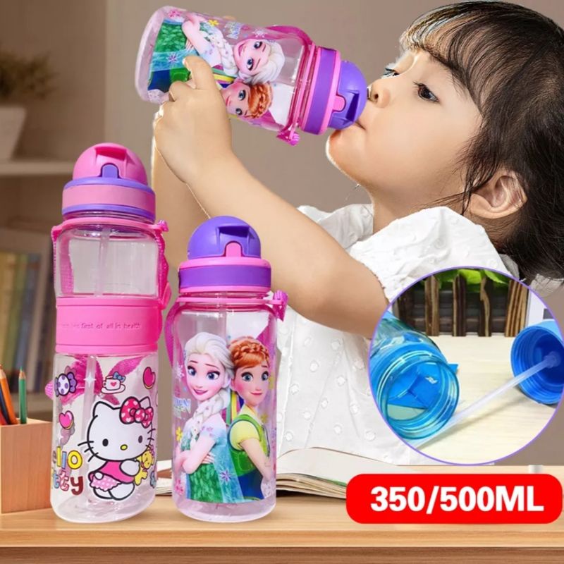 Bình nước Disney chống tràn hoạt hình Elsa ngựa Pony người nhện cho trẻ em bé trai bé gái có ống hút an toàn đi học