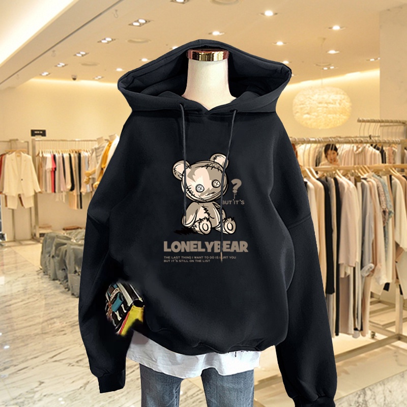 Áo Hoodie Nữ HappyFamily Xanh Rêu Thịnh Hành Năm Nay Lonely Bear Xinh Xắn Chất Nỉ Da Cá 100 Cao Cấp
