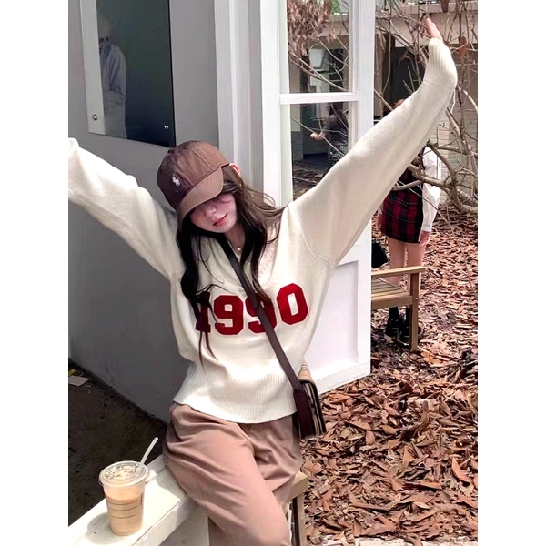 Áo sweater NZN dệt kim cổ chữ V dáng rộng màu sắc tương phản thời trang thu đông vintage cho nữ