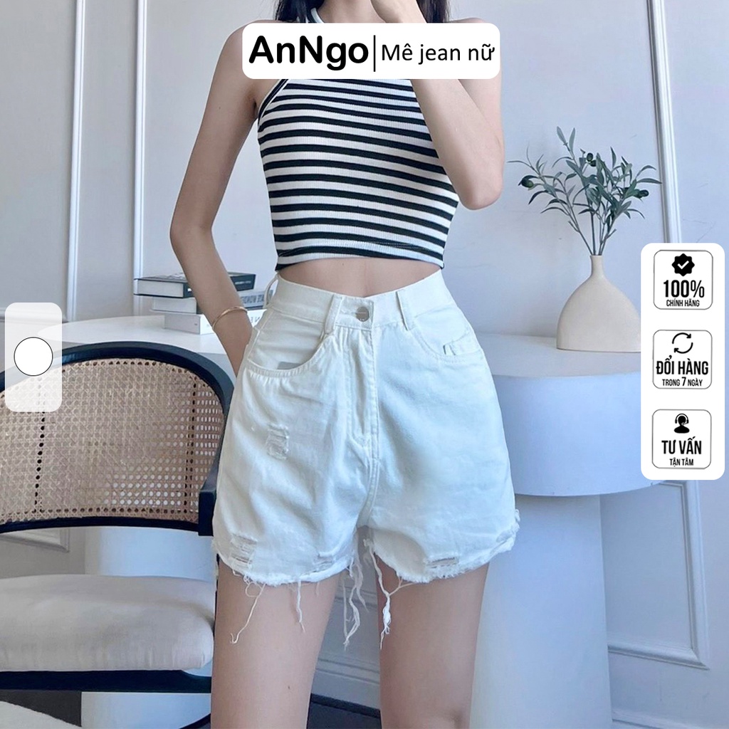Short jean nữ trắng vải kaki lai tua rách dễ thương cá tính, dễ phối đồ AnNgo - AT228