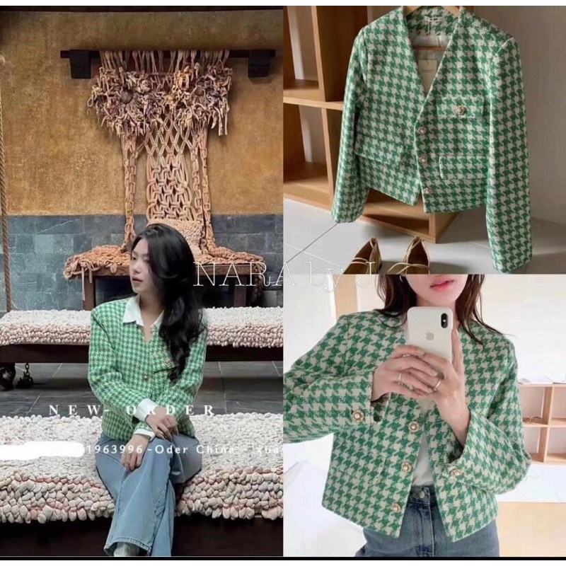 Áo khoác dạ tweed nữ xanh lá cúc đồng chất dạ QC loại 1, lên form áo chuẩn [CÓ SẴN]