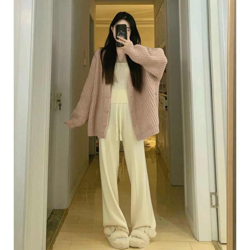 Jiashucheng Áo Khoác Cardigan Dệt Kim Dáng Rộng Mềm Mại Màu Hồng Sáp Phong Cách Preppy Ngọt Ngào Mùa Thu Đông Cho Nữ Sinh