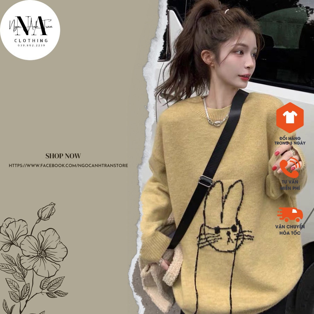 Áo len mèo Free size phong cách Hàn Quốc,áo len cổ tròn form rộng có 2 màu đen vàng phù hợp với nhiều phong cách,cá tính