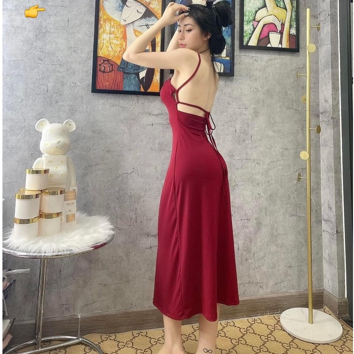 Đầm thun lụa 2 dây hở lưng đan dây dáng xòe dưới cực hot , chất thun lụa mềm mát
