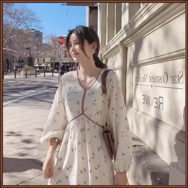 Đầm Midi Chiffon Tay Dài Dáng Ôm In Họa Tiết Hoa Ngọt Ngào Xinh Xắn Cho Nữ