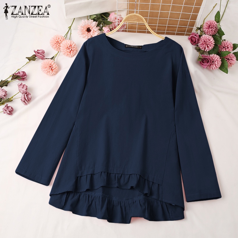 Áo Kiểu Nữ Dài Tay Cổ Tròn Nhún Bèo Màu Trơn ZANZEA