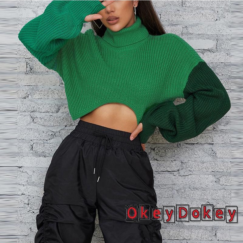 Áo Croptop Dệt Kim Cổ Cao Vạt Lệch Phong Cách Đường Phố Thời Trang Mùa Đông Cho Nữ