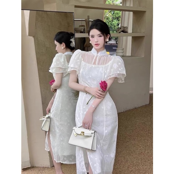 Đầm Váy Trắng Xẻ Tà Sườn Xám Dáng Dài Tay Ngắn Cổ Tàu 2 Lớp Mặc Đi Tiệc Đi Chơi (Hình Thật)