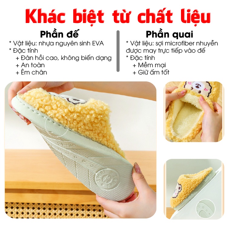 Dép bông đi trong nhà mùa đông, dép lông unisex đế cao su bám sàn tốt, mềm dẻo quai hình gấu lông xù cực cute TDO