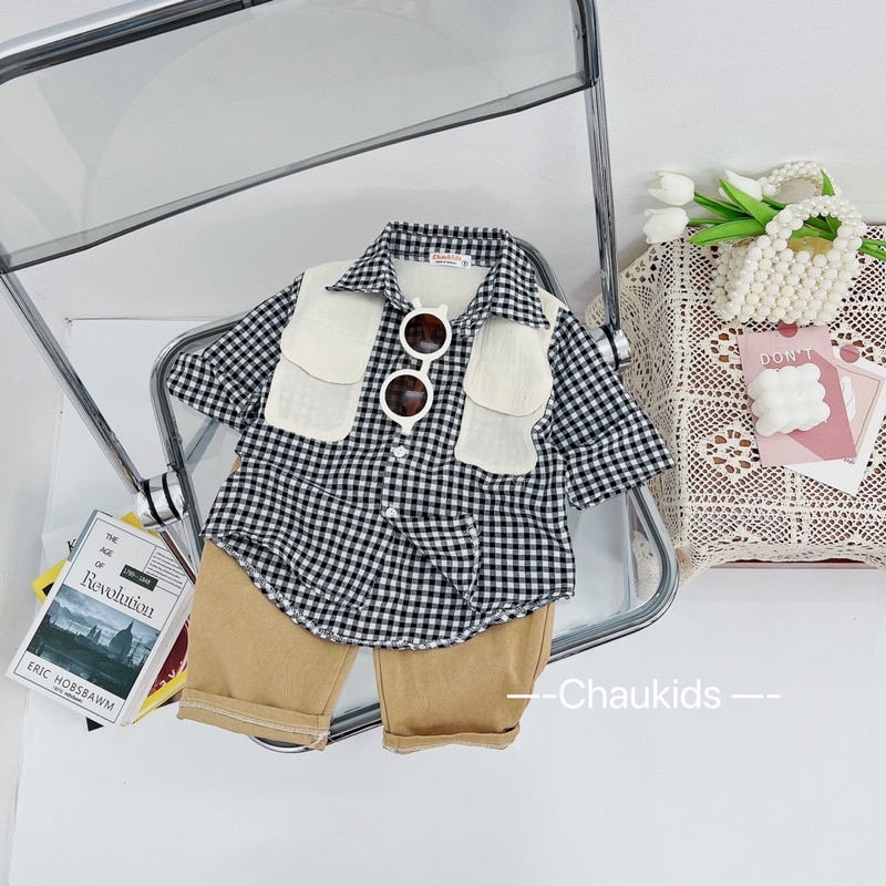 Bộ sơ mi kẻ dài tay túi 2 bên bé trai