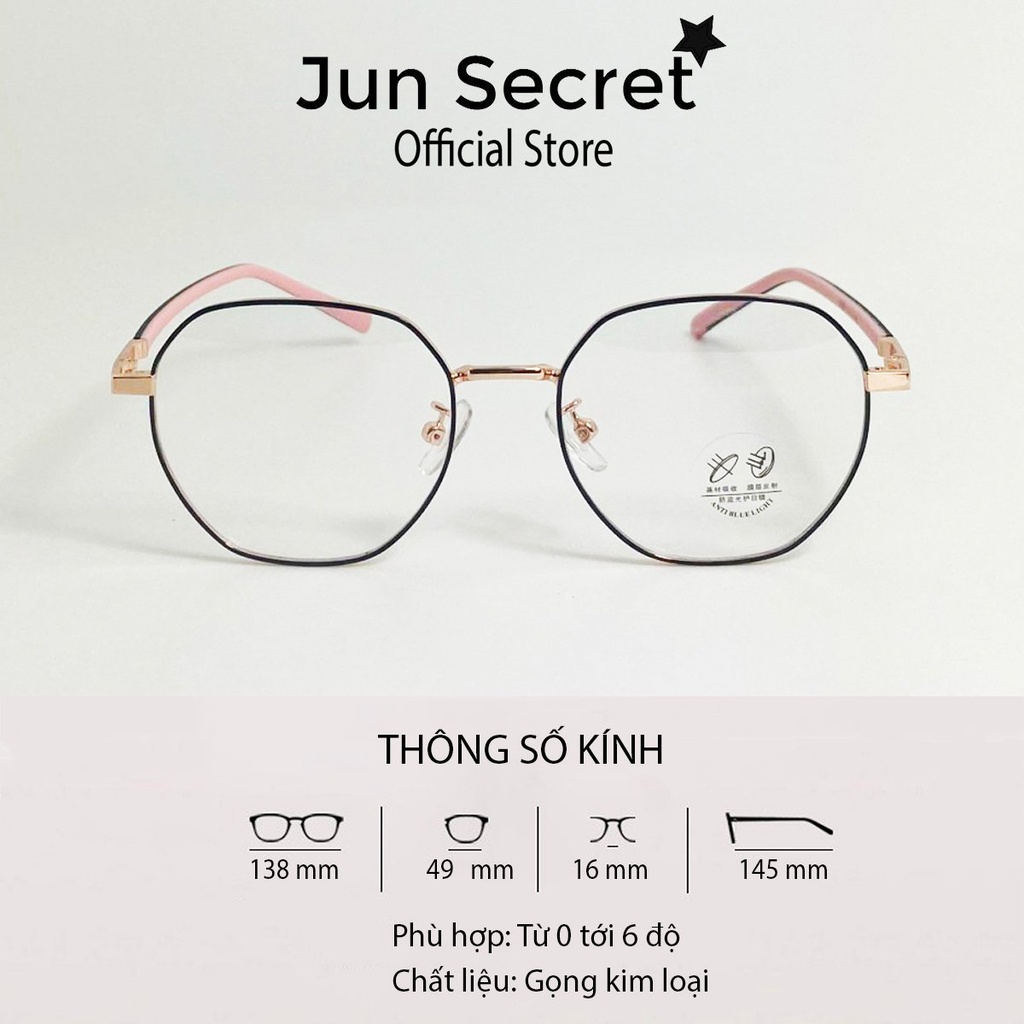 Mắt kính giả cận nam nữ Jun Secret gọng kim loại, kiểu kính mới lạ nhiều màu sắc siêu đẹp, tròng chống tia UV JS63009