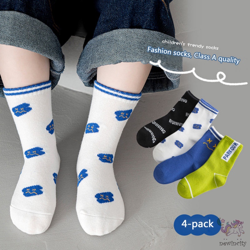 Set 4 Đôi Vớ Dài Trung Bình In Họa Tiết Hoạt Hình Phong Cách Hàn Quốc Cho Bé