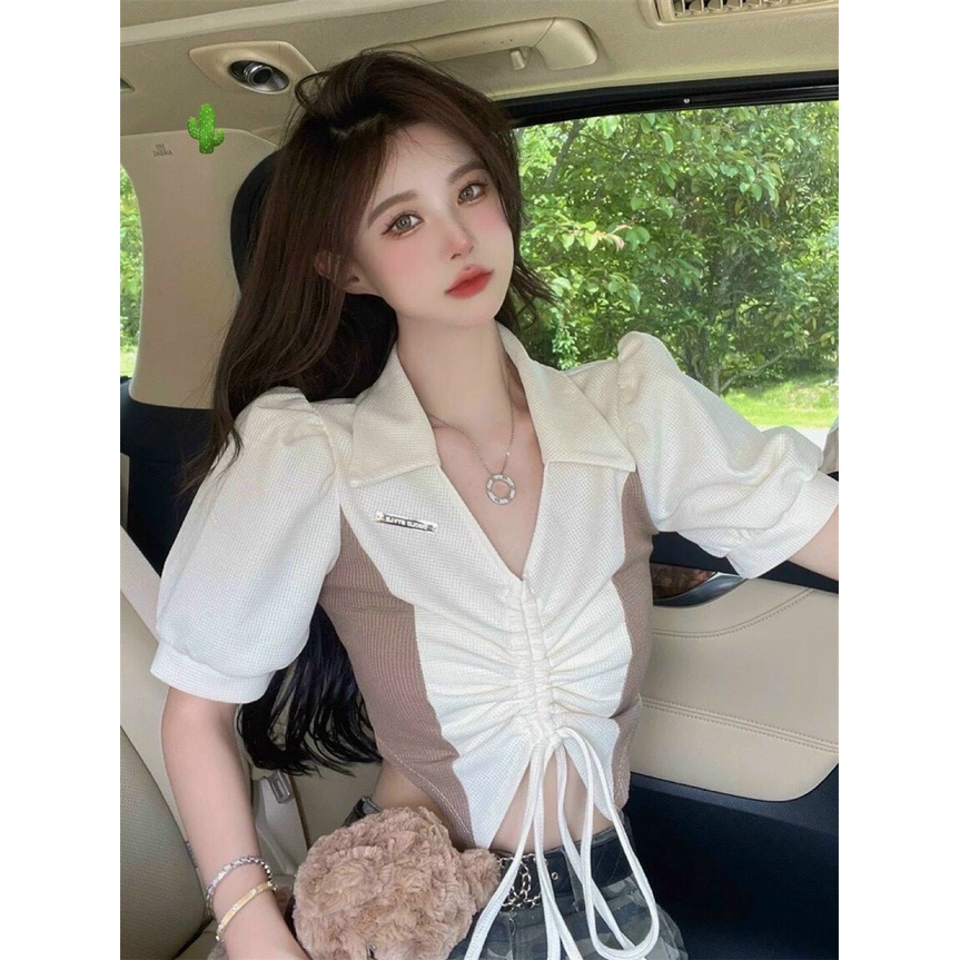 ÁO CROPTOP MÀU SỮA KÈM LOGO PHỐI RÚT DÂY CÁ TÍNH PCGB