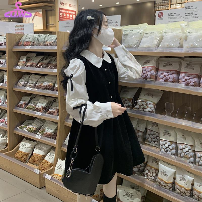 Váy babydoll Đầm Đen Giả Hai Mảnh Thời Trang Mùa Đông Mới Cho Nữ