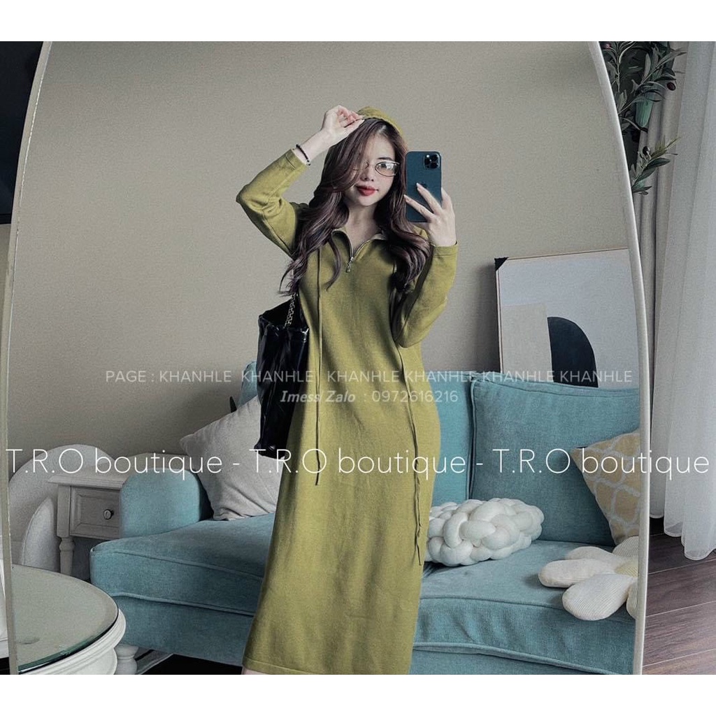 Váy len suông trơn mũ khóa midi hàng QC mềm mịn