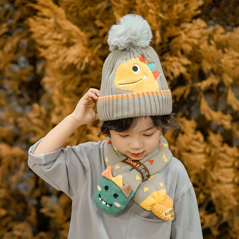 Set Mũ Len + Khăn Choàng Cổ Giữ Ấm Mùa Thu Đông Cho Bé Trai, Bé Gái