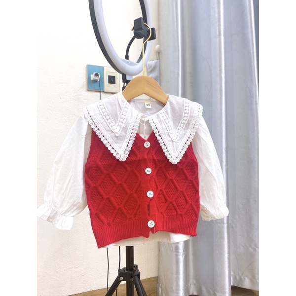 Áo sơmi kèm ghile len cao cấp 2 chi tiết cho bé gái xinh