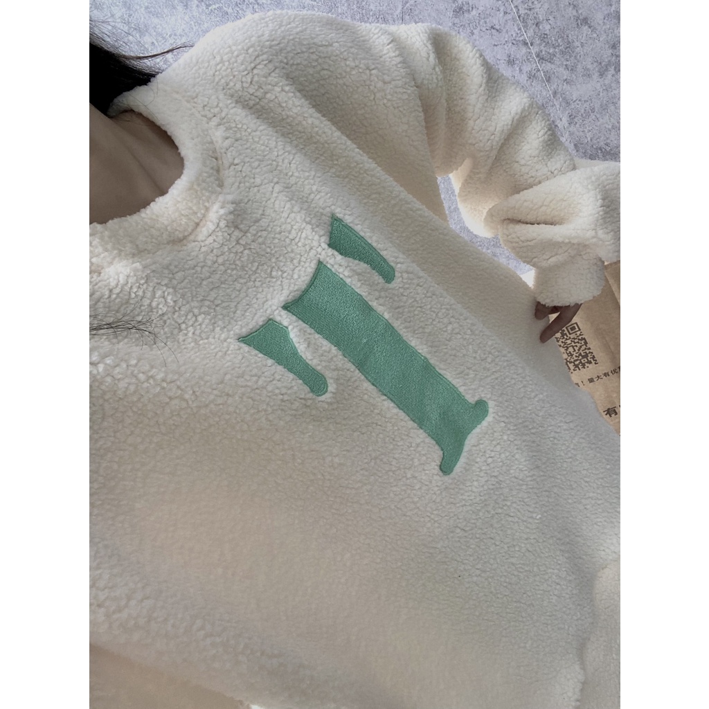 Áo sweater lông cừu thêu chữ T xanh Unisex [FREESHIP] Nỉ bông kiểu dáng đường phố form rộng dài tay phồng peonyb ulzzang
