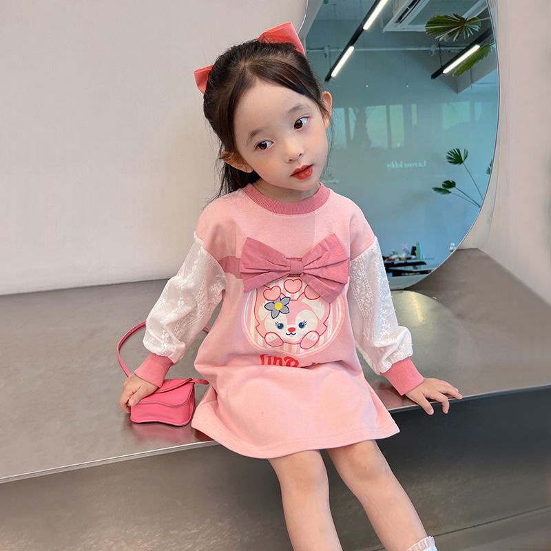 Đầm Sweater Tay Dài Đính Nơ In Hoạt Hình Thời Trang Xuân Thu Cho Bé Gái
