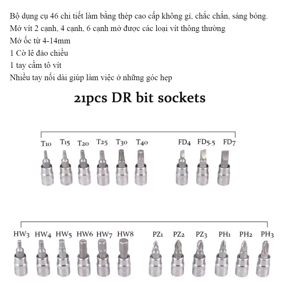 Bộ dụng cụ mở bu lông ốc vít, sửa chữa ô tô xe máy, đa năng 46 chi tiết