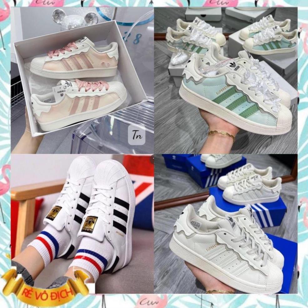 Giày thể thao adidas superstar hồng + xanh kem trắng, giầy das sò 3 sọc hồng, xanh nữ cực chất hot trend 2022