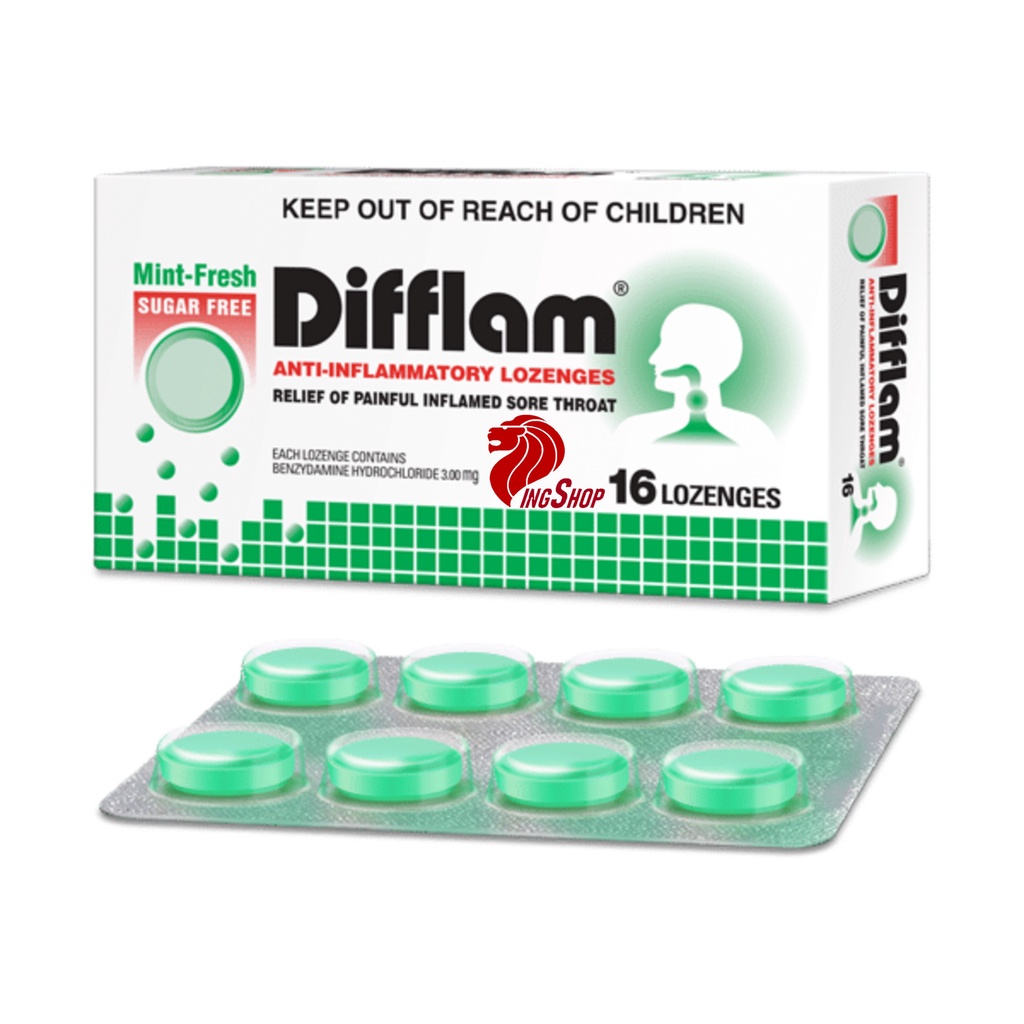 Viên Ngậm Và Diệt Khuẩn Họng vị Bạc Hà không đường Difflam Sugar Free Double Mint (16 Viên)