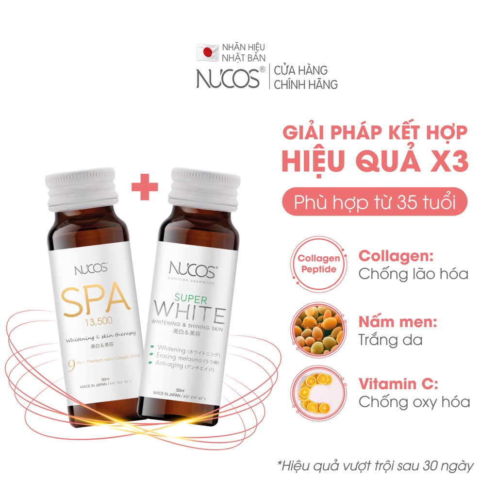 Combo liệu trình nước uống collagen đẹp da giảm thâm nám Nucos Spa 13500 và Nucos Super White 3 hộp x 10 chai x 50ml