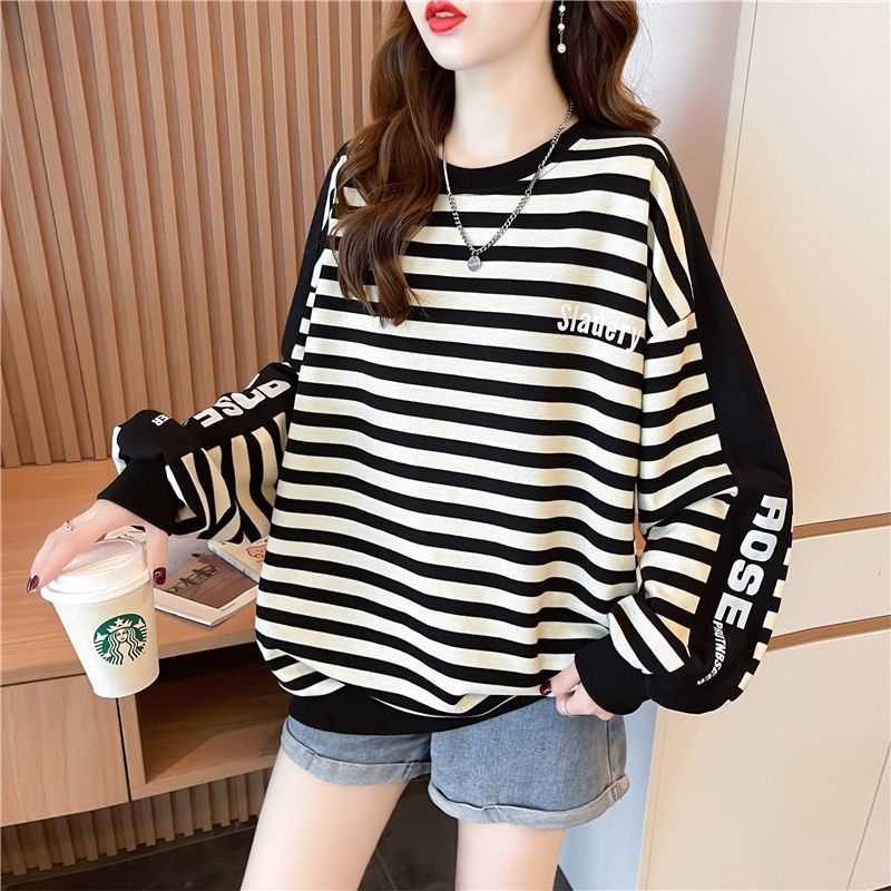 Áo Sweater Tay Dài Cổ Tròn Họa Tiết Kẻ Sọc Trắng Đen Phong Cách Hàn Quốc Thời Trang Cho Nữ Lên Đến 150kg