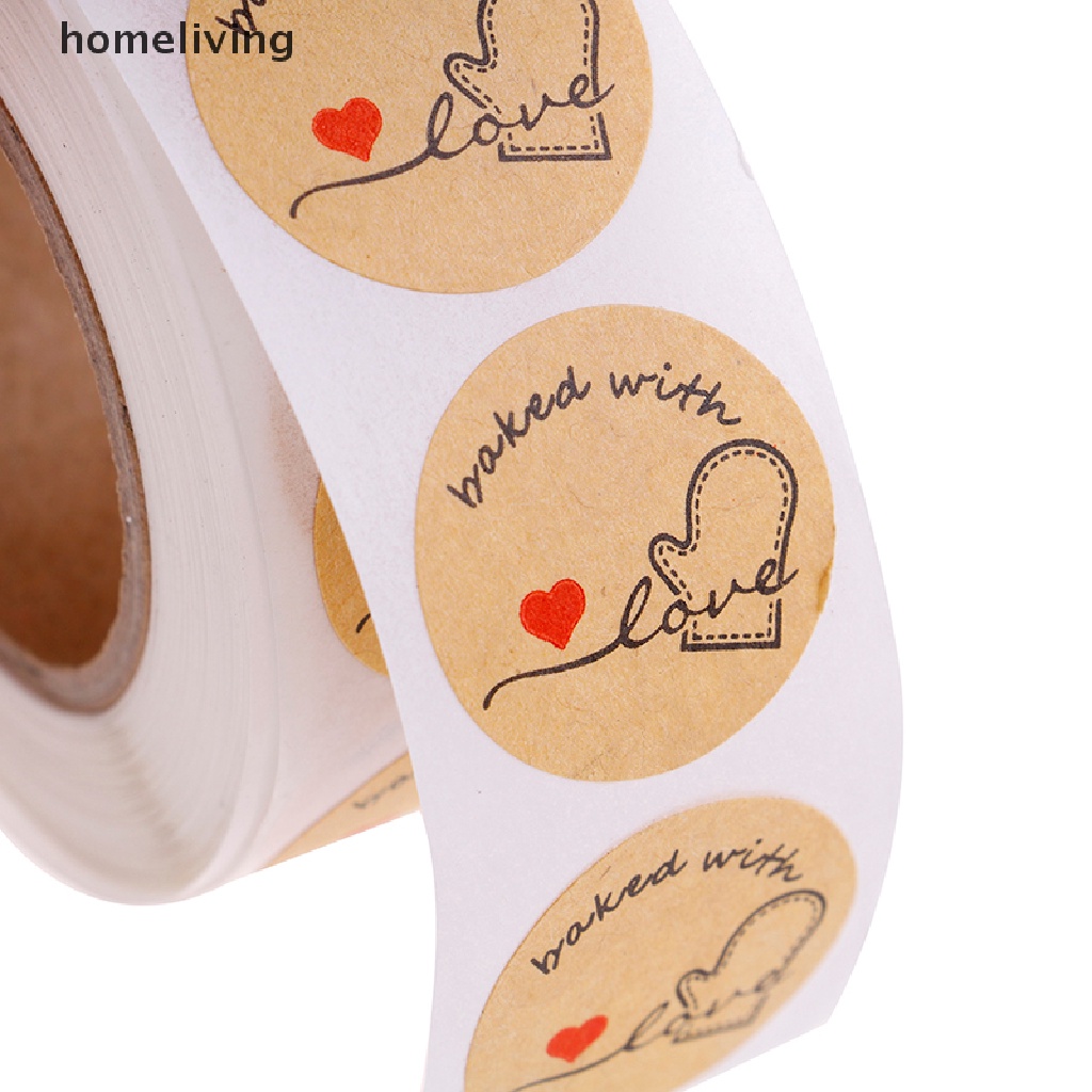 Cuộn 500 Miếng Dán Trang Trí Hình Tròn Bằng Giấy Kraft Tự Nhiên In Chữ Baked with Love