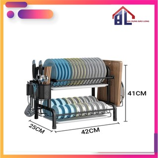 Kệ 2 tầng để chén bát cao cấp sơn tĩnh điện màu đen có kèm ống đựng đũa thìa và giá để dao thớt mâm và khay hứng nước
