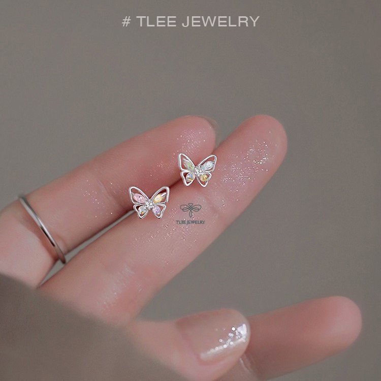 Khuyên tai bạc nữ TLEE mẫu cánh bướm đính đá ngũ sắc xinh xắn bạc cao cấp TleeJewelry B0230