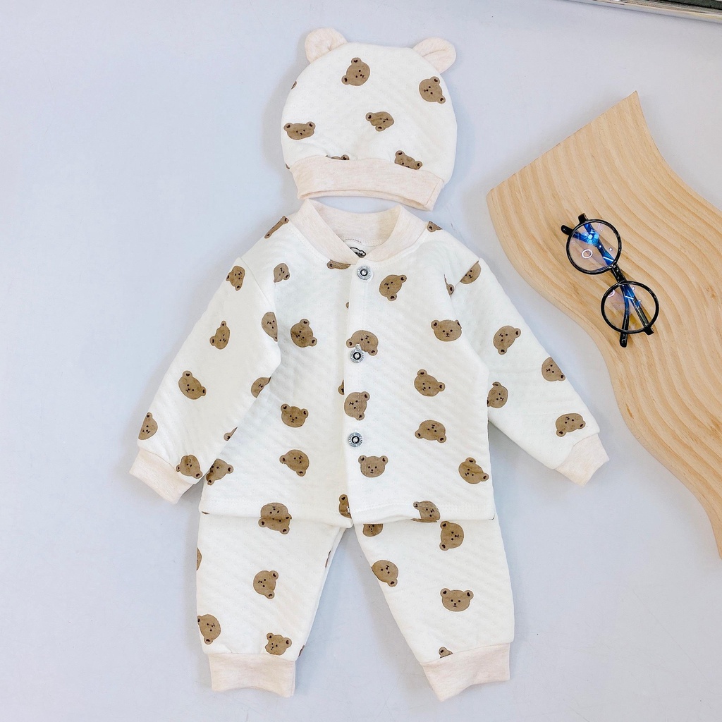 (Tặng kèm mũ) Bộ sơ sinh xốp trần bông cổ tàu giữ ấm cho bé sơ sinh (4-9kg)