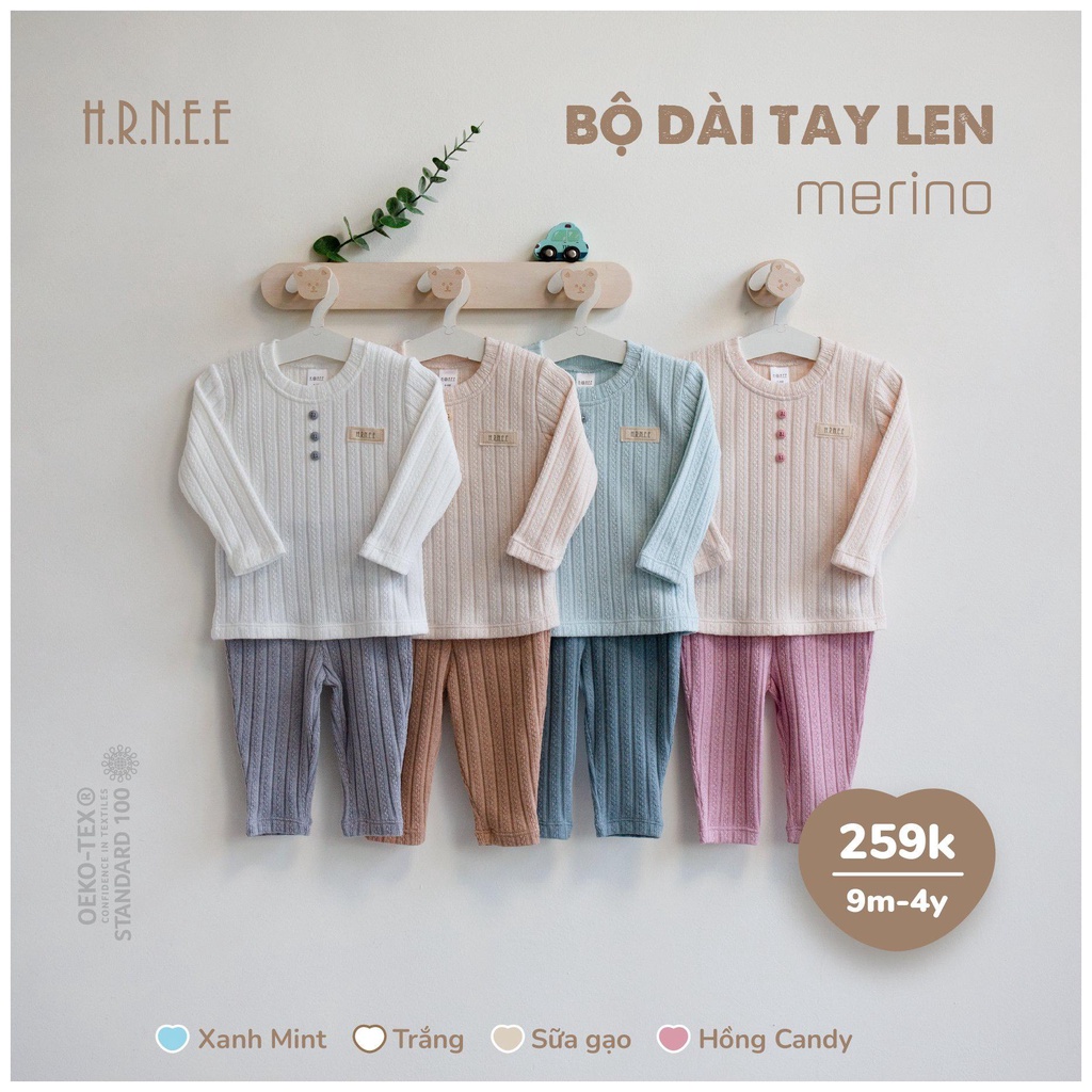 Hrnee Bộ dài tay len merino mềm mịn, thoáng, ấm thu đông 2022 cho bé