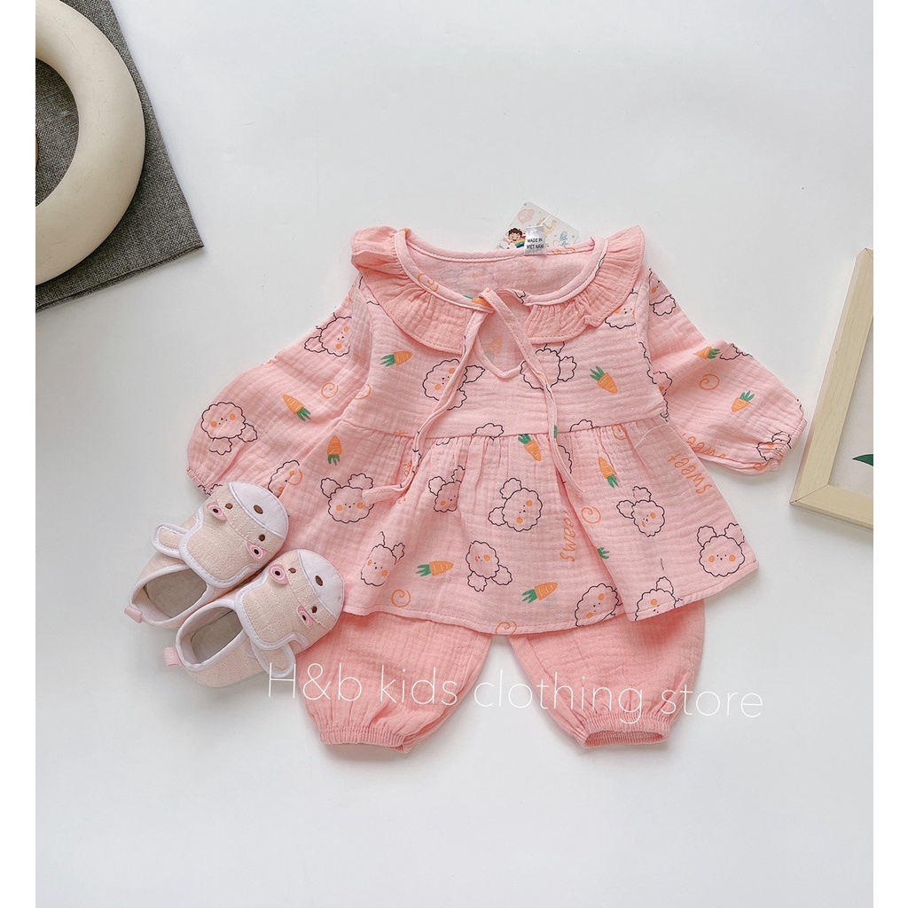 Đồ Bộ Thu Đông Dài Tay Cho Bé Gái Chất Vải Cao Cấp Xô Muslin Mềm