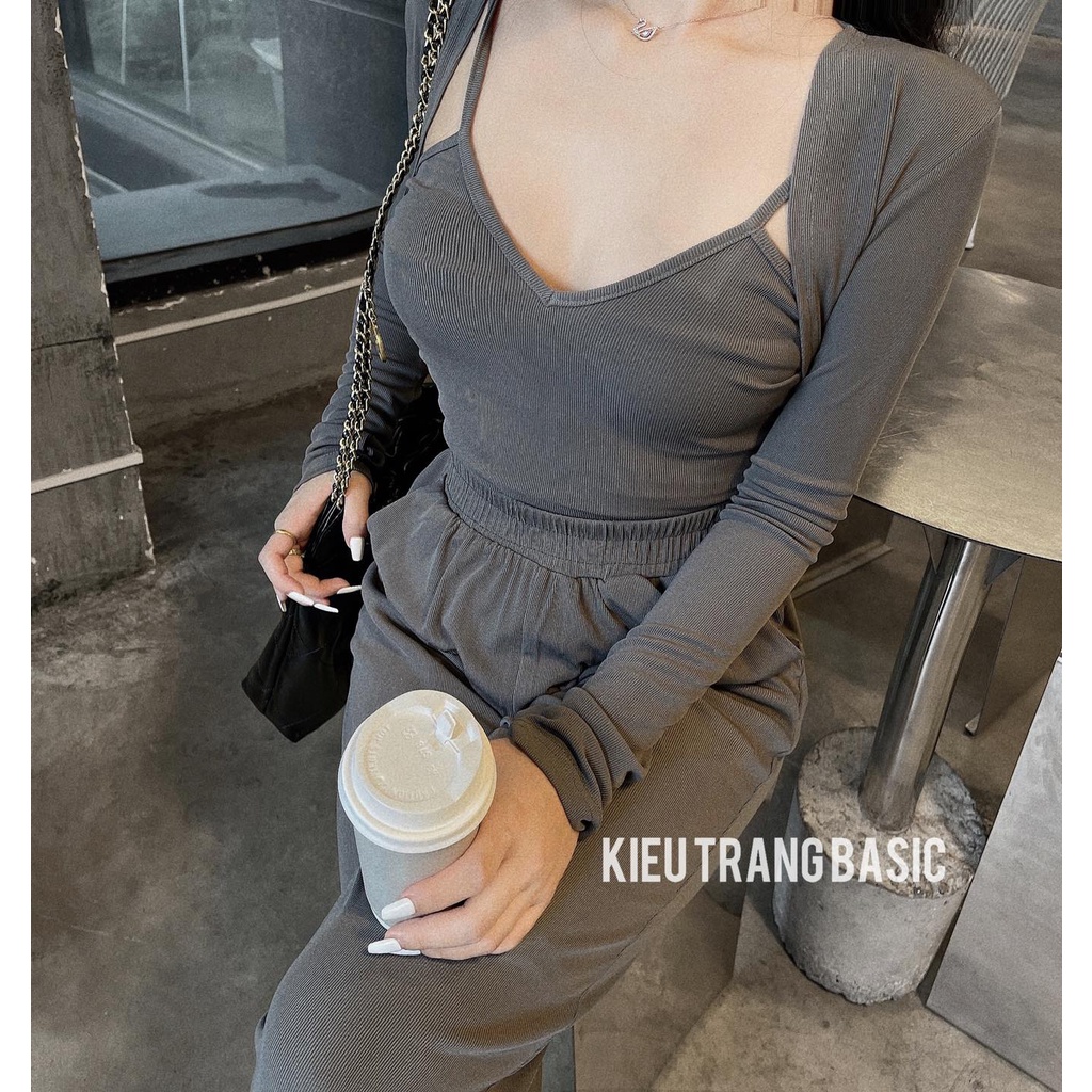 Set Bộ Đồ Nữ Set 3 Món Áo 2 Dây Nhún Ngực Kèm Áo Khoác Ngoài Mix Quần Suông Cạp Chun Freesize