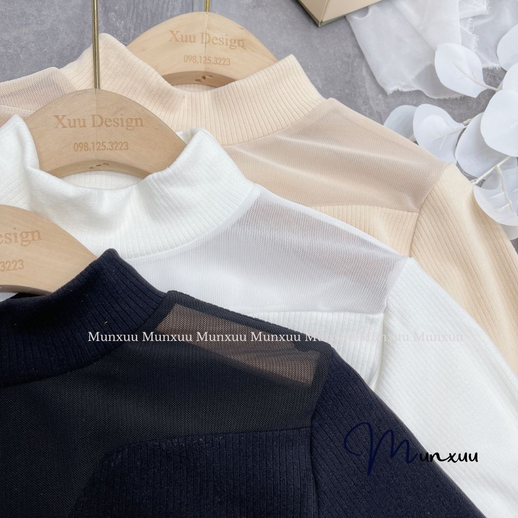 Áo len giữ nhiệt hàng cao cấp MUNXUU cổ cao 3 phân vải len tăm mềm mịn co dãn phối ren lưới sexy- AGN02
