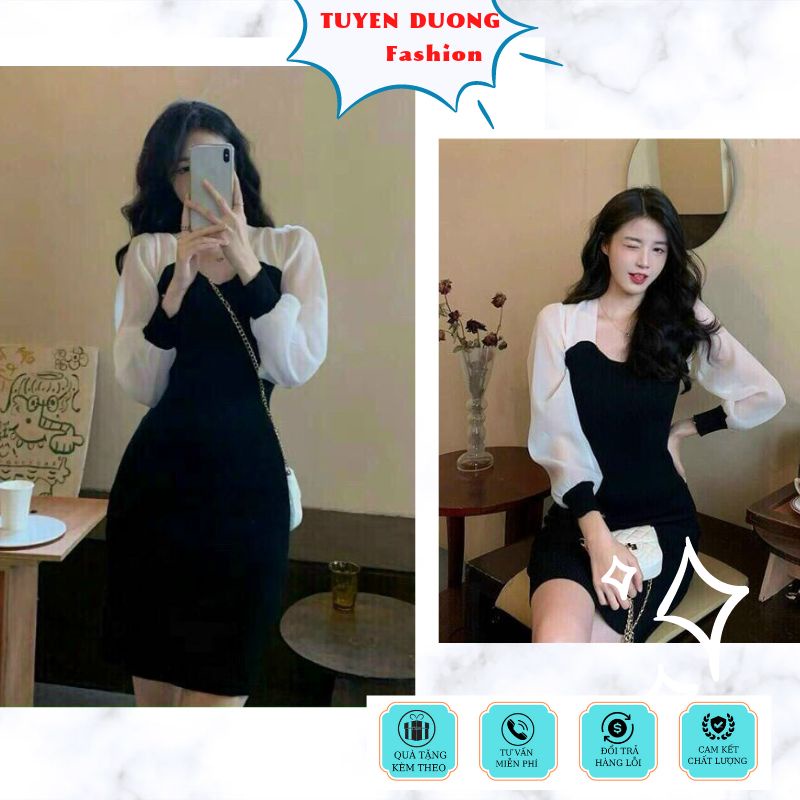 🌺🌺Đầm ôm body phối tay phồng tiểu thư dễ thương đi chơi dạo phố dự tiệc phong cách retro