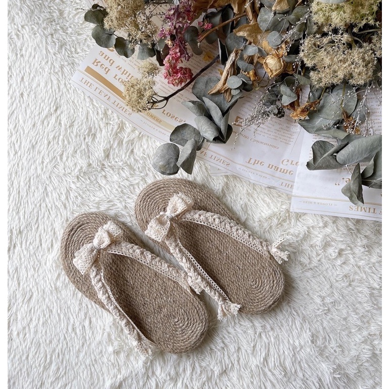 Dép cói ren đính nơ